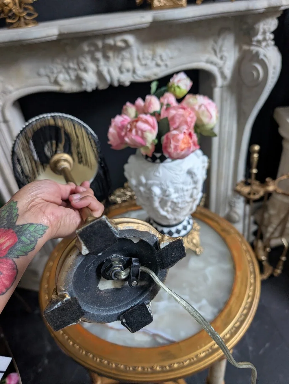 Vintage, Petite, Hollywood Regency Gold Boudoir Footed Table Lamp w/ Black Frin